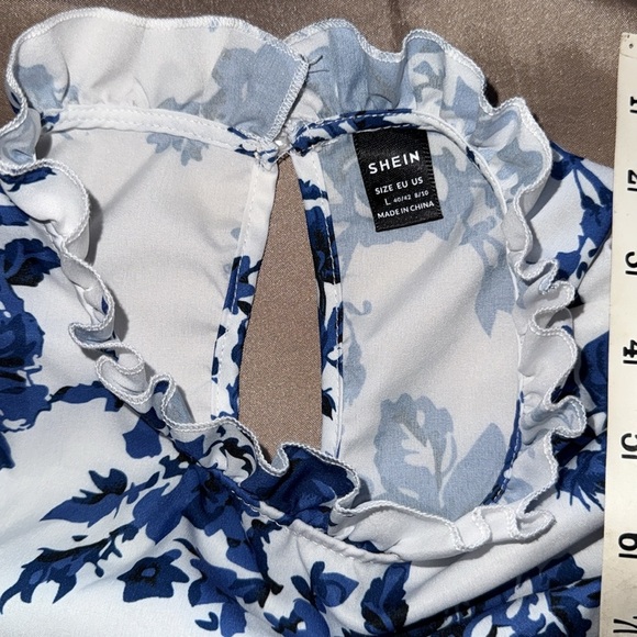 Floral Print Flouncy Sleeve High Ruffle Neckline Pearl Button Keyhole Detail - Picture 7 of 14